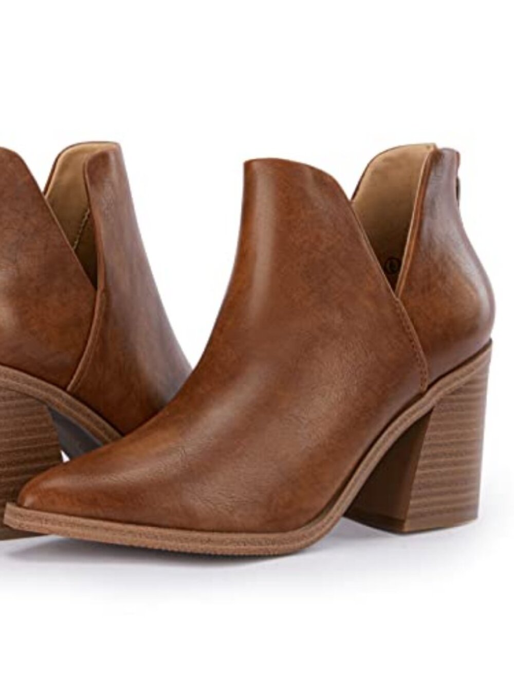 Womens Pointed Toe Stacked Mid Heel Ankle Boots V Cut Back Zipper Faux Leather